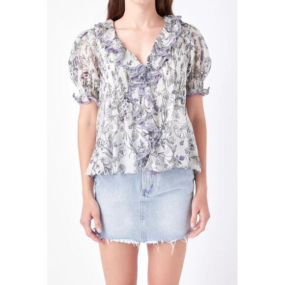 Anthropologie English Factory Women's Abstract Floral Print Ruffle Top, … - Picture 1 of 11